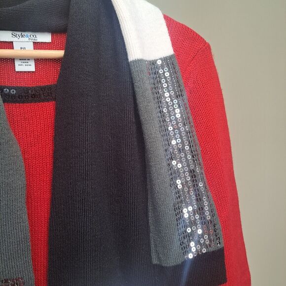 Style & Co Red White Black Sequin Trim Knit Sweater Dress & Scarf Set - Size P/L - Picture 13 of 16